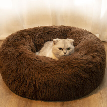 Cat Puppy Calming Plush Cushion Round Pet Bed without Zippers and Non-removable - Coffee Diameter 50cm