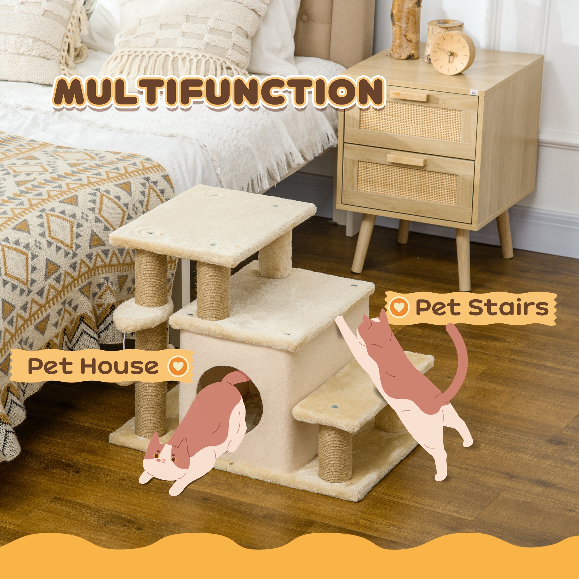 PawHut Adjustable Cat Steps, With House & Hanging Toy Ball - Beige - Image 5