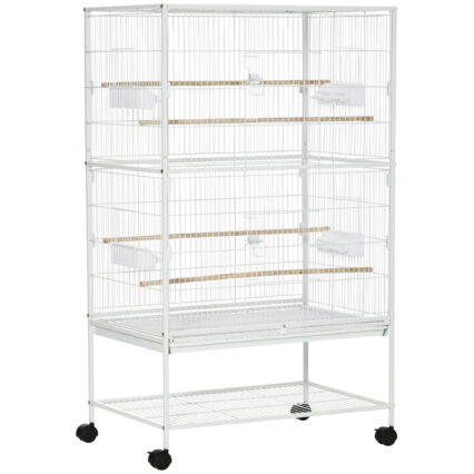 PawHut Large Bird Cage Budgie Cage For Finch Canaries Parakeet With Rolling Stand, Slide-out Tray, Storage Shelf, Food Containers, White