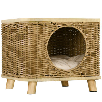PawHut Elevated Design Wicker Cat House With Washable Cushion, Light Brown