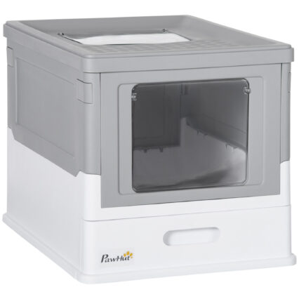 PawHut Hooded Cat Litter Box, Portable Pet Toilet, With Scoop, Front Entry - Grey