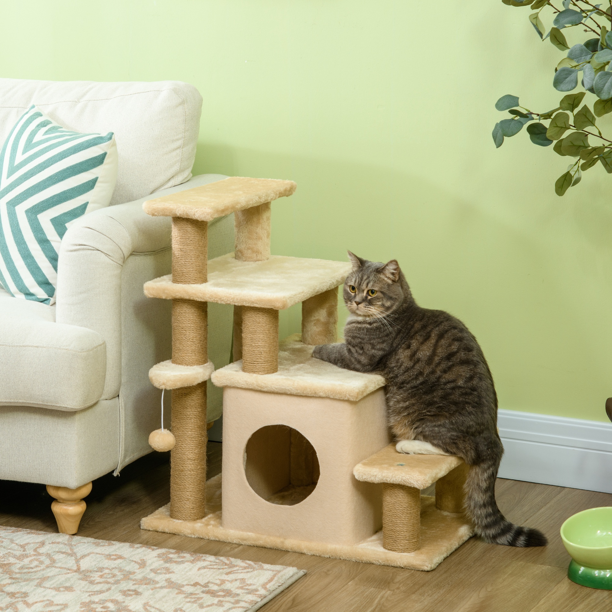 PawHut Adjustable Cat Steps, With House & Hanging Toy Ball - Beige - Image 4