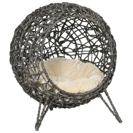 PawHut Rattan Elevated Cat Bed House Kitten Basket Ball Shaped Pet Furniture W/ Removable Cushion - Silver-Tone And Grey
