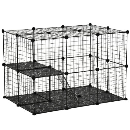 PawHut Pet Playpen DIY Small Animal Cage Enclosure Metal Wire Fence 39 Panels With 3 Doors 2 Ramps For Kitten Bunny Chinchilla Pet Mink Black