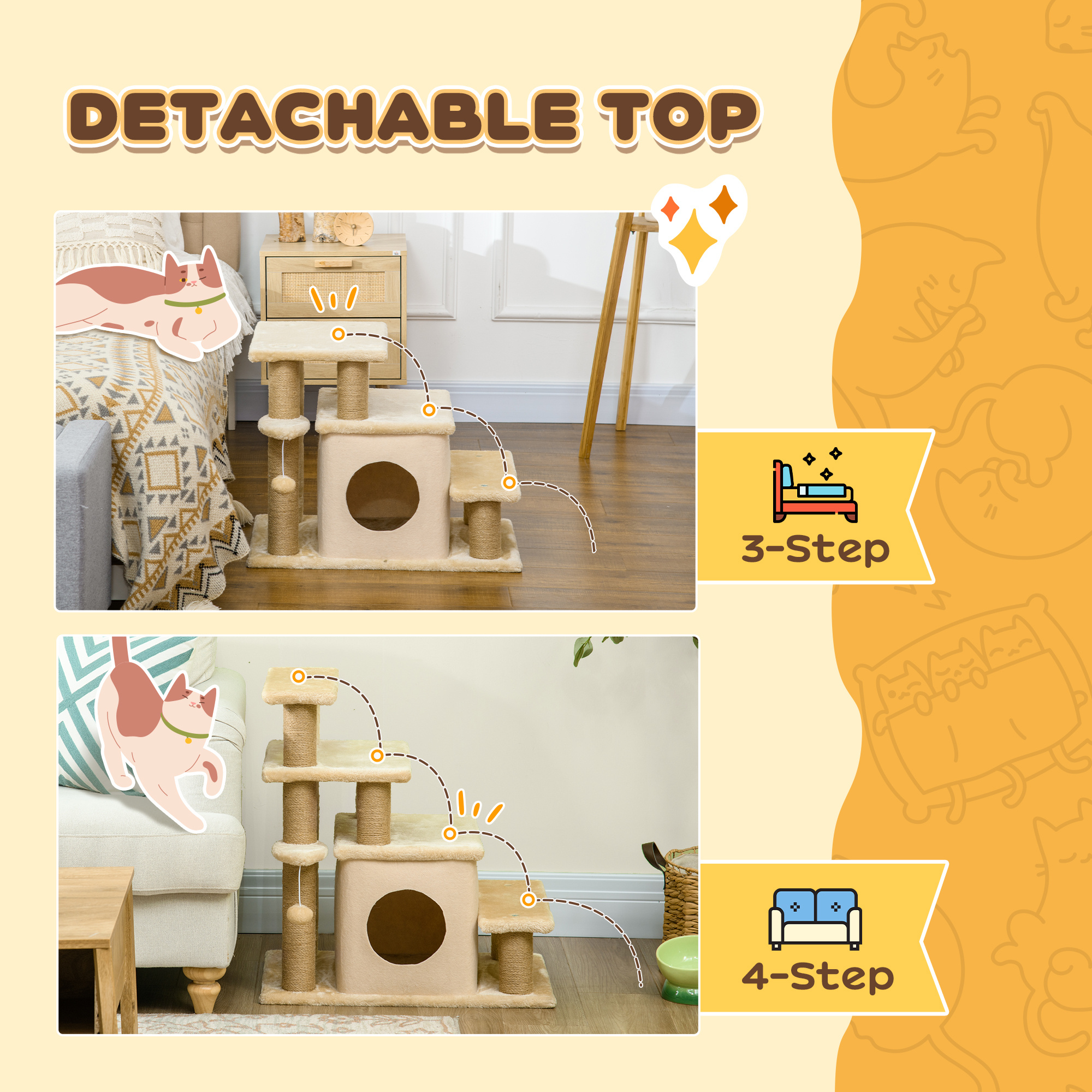 PawHut Adjustable Cat Steps, With House & Hanging Toy Ball - Beige - Image 3