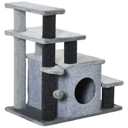 PawHut Adjustable Cat Steps, With House & Hanging Toy Ball - Grey