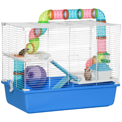 PawHut Hamster Cage, Gerbil Cage 3 Tier For Dwarf Hamster With Tube, Exercise Wheel, Water Bottle, Food Dish 59 X 36 X 47 Cm- Blue