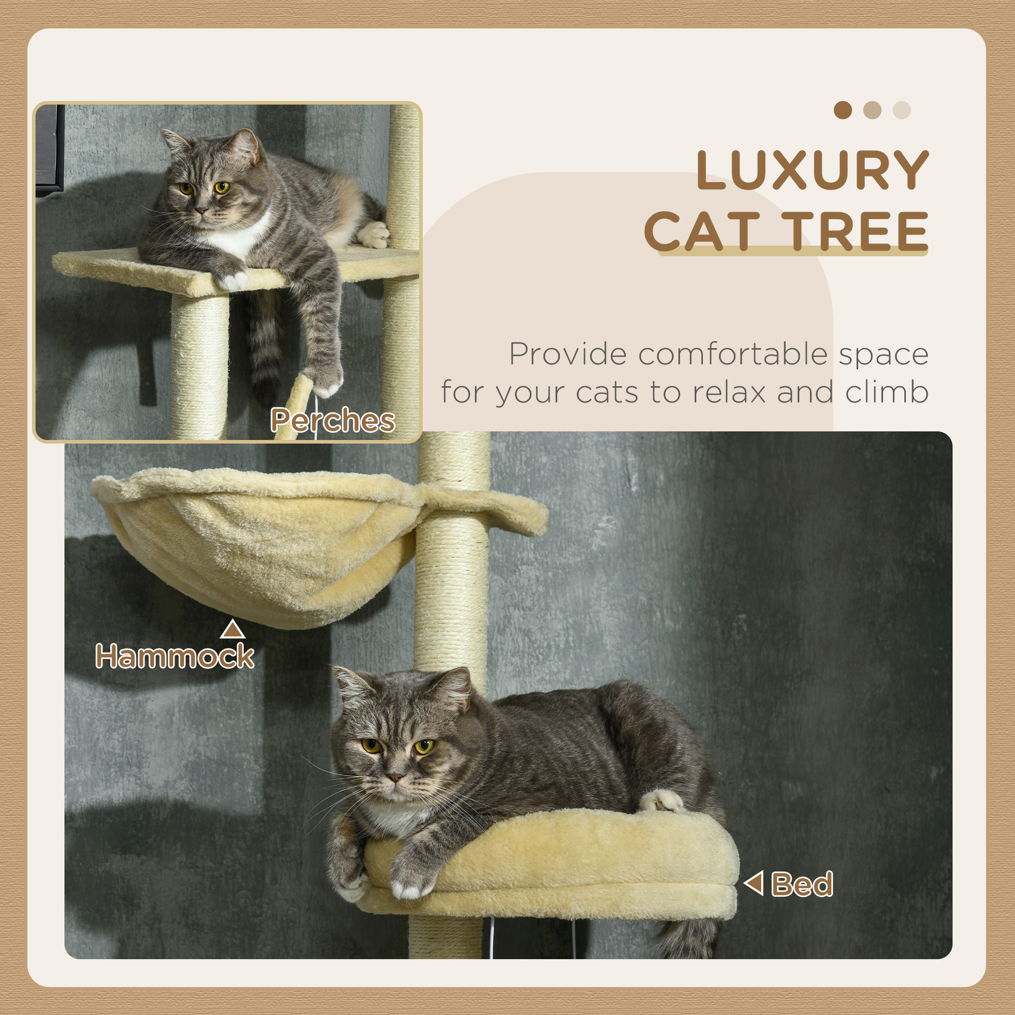 PawHut 230-250cm Floor-to-Ceiling Climbing Cat Tree Tower - Beige - Image 3