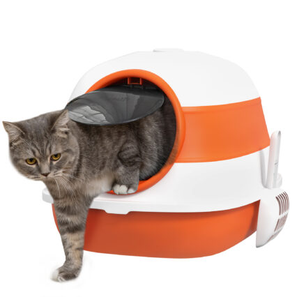 PawHut Foldable Cat Litter Tray With Lid, Deodorant, Scoop, Orange