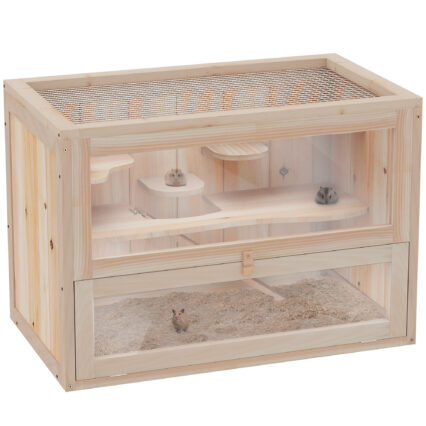 PawHut Wooden Hamster Cage Mouse Mice Rodent Small Animals Hutch Exercise Play House 60 X 35 X 42cm, Natural Wood Finish