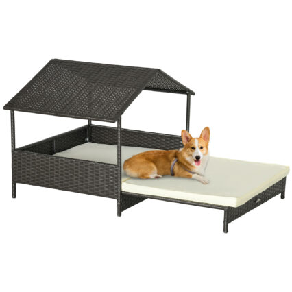 PawHut Extendable Elevated Dog Bed, Rattan Dog House, With Water-Resistant Roof, Removable Cushion, Cream