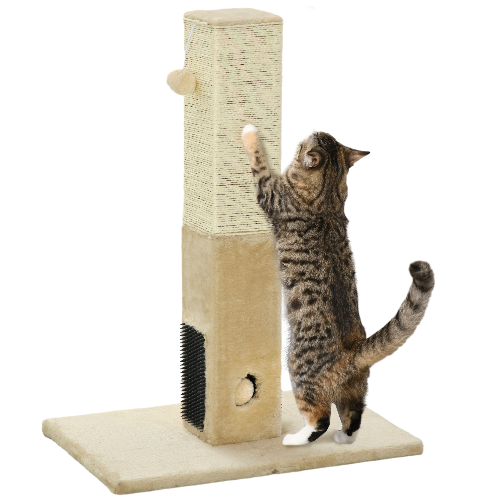 PawHut Jute Cat Scratching Post W/ Carpet Base Hanging Toy - Beige