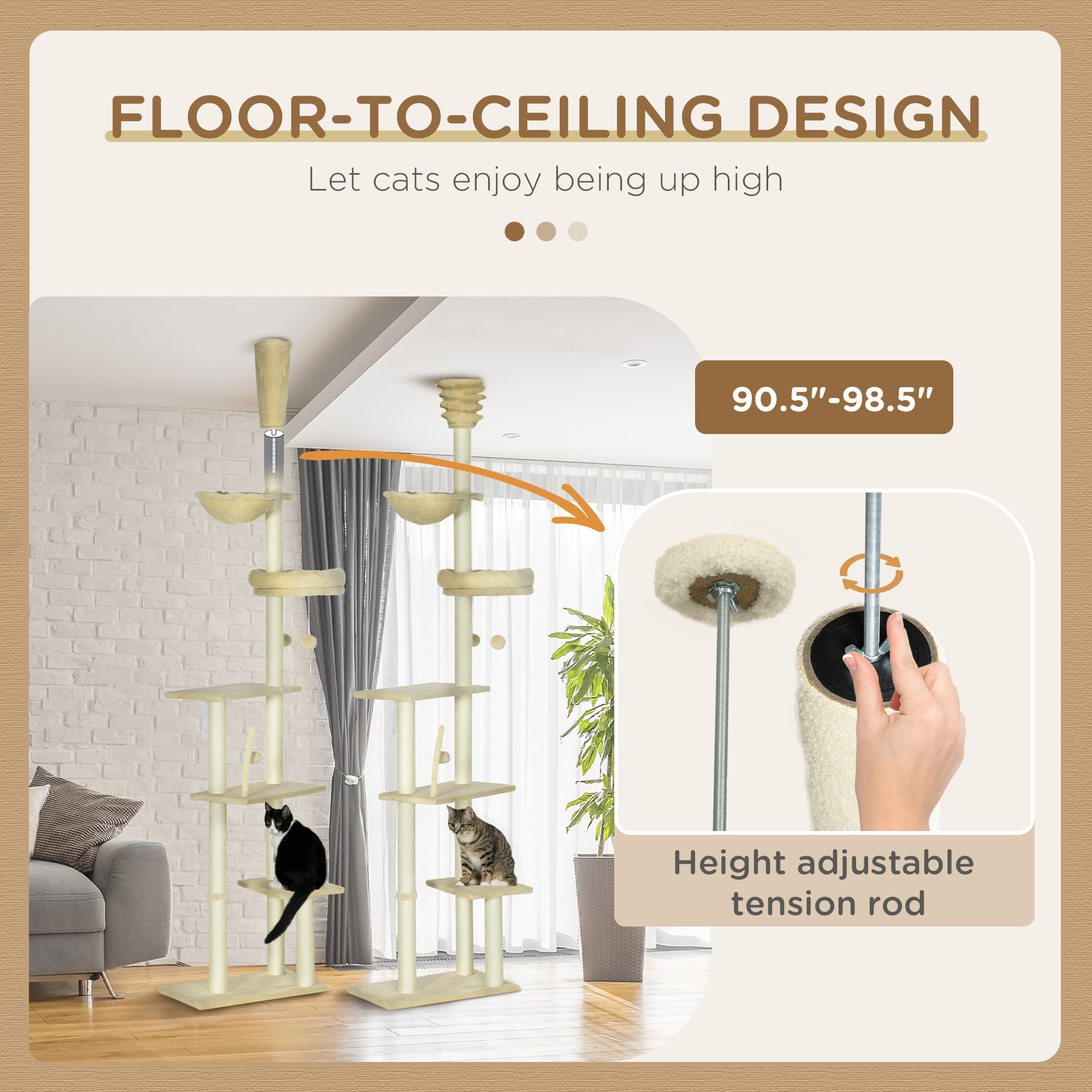 PawHut 230-250cm Floor-to-Ceiling Climbing Cat Tree Tower - Beige - Image 4