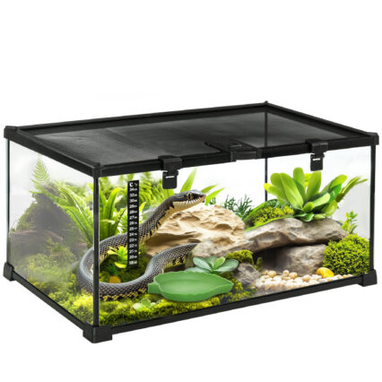 PawHut Glass Reptile Terrarium Insect Breeding Tank Vivarium Habitats With Thermometer For Lizards, Horned Frogs, Snakes, Spiders - Medium 50 X 30 X 25cm
