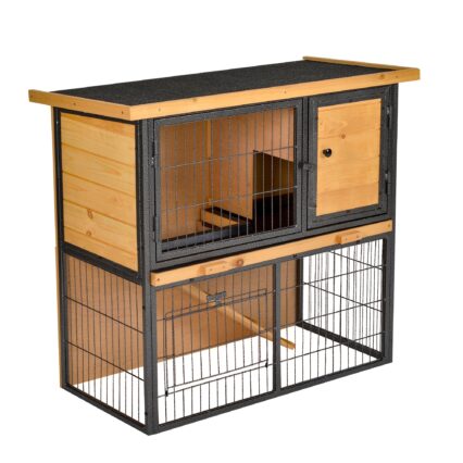 PawHut Guinea Pig Hutch Rabbit Hutch Wood-metal Elevated Pet House Bunny Cage With No-Leak Tray Ramp Openable Roof Outdoor 89.5 X 45 X 81cm Light Yellow