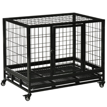 PawHut 36" Heavy Duty Metal Dog Crate Pet Cage With Tray Wheeled Dog Kennel - Black (Medium)