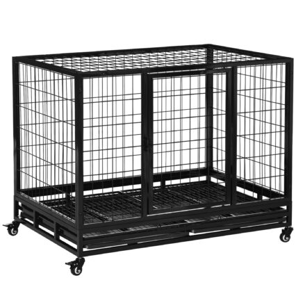 PawHut 43" Heavy Duty Metal Dog Crate Pet Cage With Tray Wheeled Dog Kennel - Black (Large)