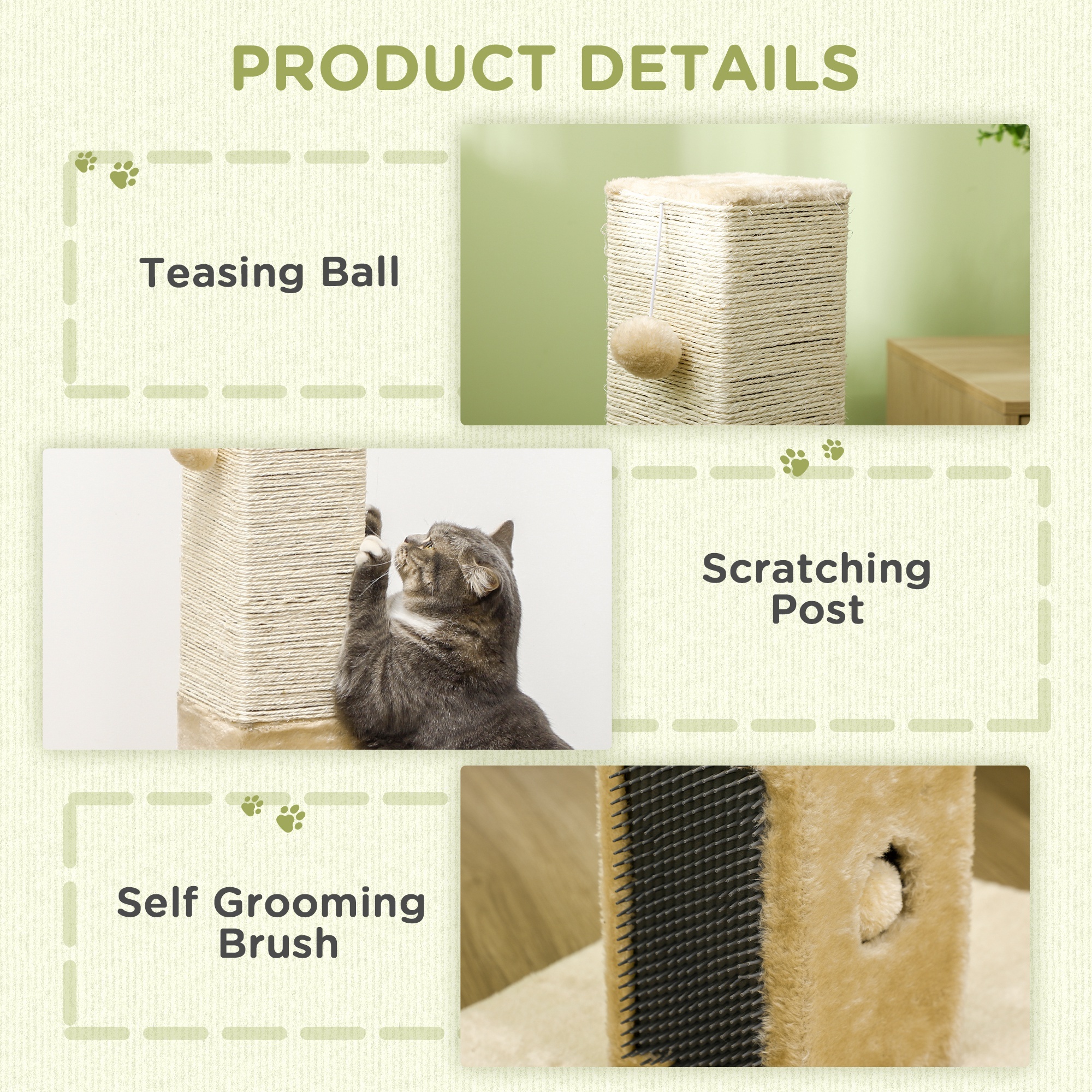PawHut Jute Cat Scratching Post W/ Carpet Base Hanging Toy - Beige - Image 5