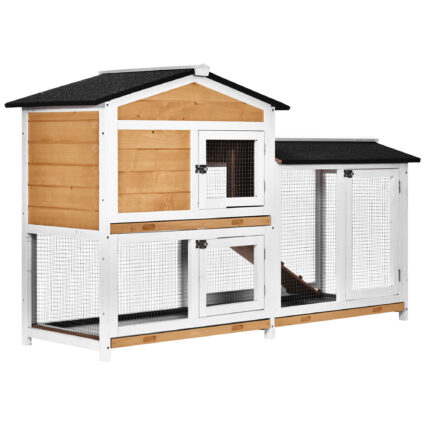 PawHut Rabbit Hutch Guinea Pig Hutch Wooden House With Run, 2 Tier Pet Cage Outdoor With No-leak Plastic Trays, 157.4 X 53 X 93.5cm, Yellow