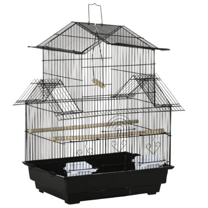 PawHut Metal Bird Cage With Plastic Swing Perch Food Container Tray Handle For Finch Canary Budgie 43.5 X 33 X 63 Cm, Black