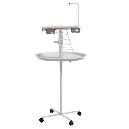 PawHut Bird Stand With Four Wheels, Perches, Stainless Steel Feed Bowls, Round Tray, For Garden, Indoor, Outdoor - White