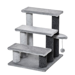 PawHut 3-step Pet Stairs With Scratching Posts, Platforms, Toy Ball, Grey