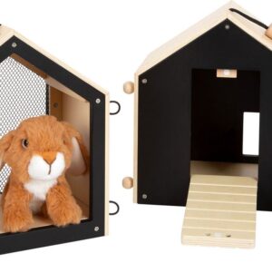Wooden miniature rabbit hutch set with a plush brown bunny inside the left unit a ramp and toy vegetables sit by the right unit