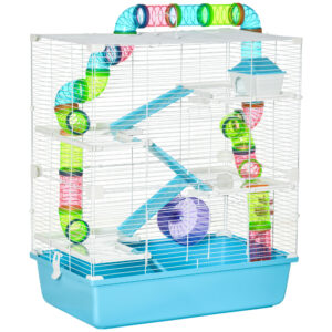 PawHut Hamster Cage W/ Water Bottle, Exercise Wheel, Tubes, Ramps - Light Blue