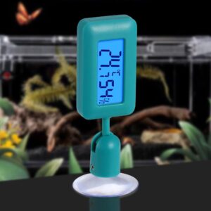 4bad681405134d75addb1605388da43bjpg Urban Pet Play Ltd | AwardWinning Pet Care Pet Shop Teal digital hygrometerthermometer on a clamp stand with a blue backlit display showing humidity and temperature readings in front of a blurred background