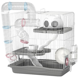 PawHut 3-Tier Hamster Cage With Exercise Wheels, Water Bottle, Food Dish, For DwarfHamsters, 45 X 30 X 45 Cm, Grey