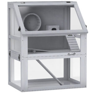 PawHut Wooden Hamster Cage With Detachable 32cm Deep Bottom, Hut, Seesaw, Exercise Wheel, Ramp, 60 X 40 X 75cm, Light Grey
