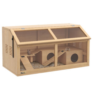 PawHut Hamster Cage, Wooden Small Animal Cage For Gerbils, Mice W/ Suspension Bridge, Openable Top, Hut, 85 X 45 X 44cm Nature