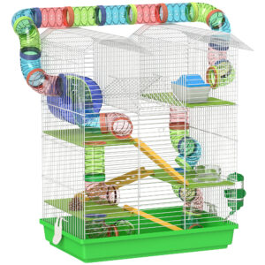 PawHut Hamster Cage, 5 Tier Carrier Habitat With Exercise Wheels Tunnel Tube Water Bottle Dishes House Ladder, Gerbil Cage For Dwarf Mice, Green