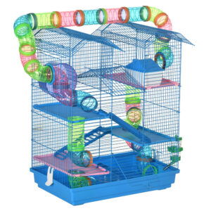 PawHut Hamster Cage, 5 Tier Carrier Habitat With Exercise Wheels Tunnel Tube Water Bottle Dishes House Ladder, Gerbil Cage For Dwarf Mice, Blue