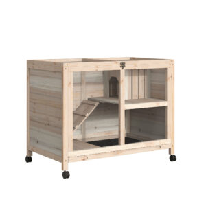 PawHut Rabbit Hutch Indoor Wooden Guinea Pig House Hamster Cage With Wheels, 2 Layers Bunny Cage With Openable Roof, 91.5 X 53.3 X 73 Cm, Natural